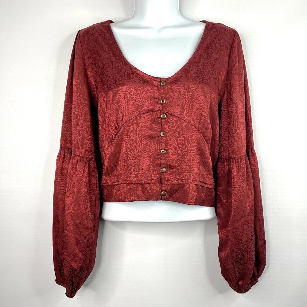 I Madeline Cropped Satin Blouse Size S Rust Red Snake Print Bishop Sleeve